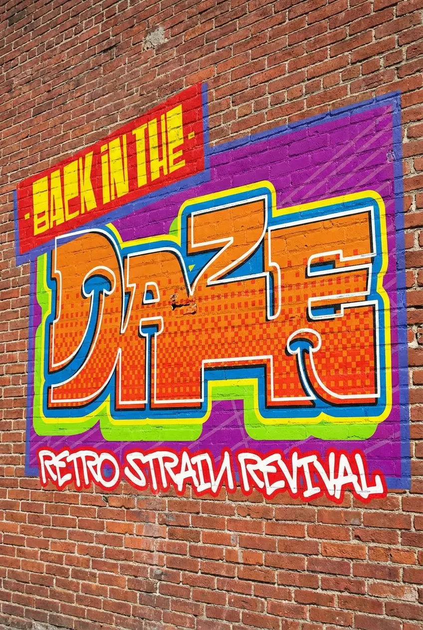 The Back in the Daze mark painted large on a red brick wall, Retro Strain Revival beneath it.