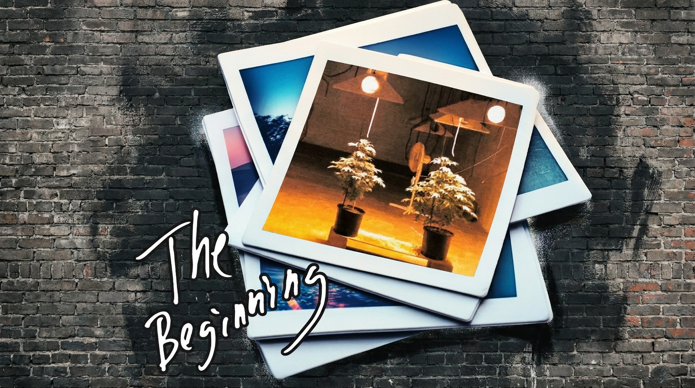 Photograph of the first two plants, taped to the wall of the first grow and signed 'The Beginning.'
